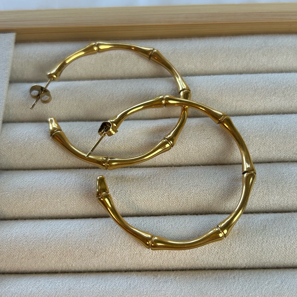 Tropical Bamboo Hoop Earrings Gold Plated